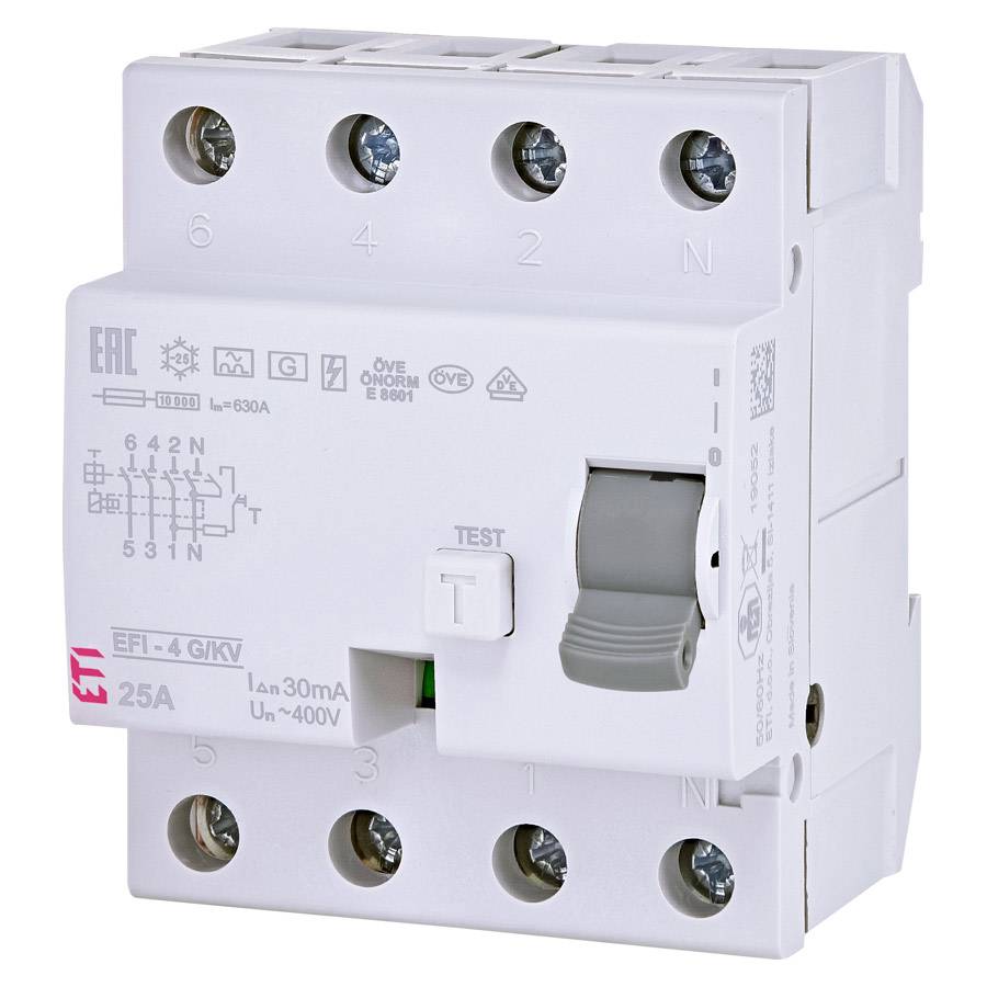 ETI 002062747 - Fehlerstromschutzschalter EFI-4 A G/KV 25/0.03 (Typ A | 400V | 25A | G/KV kurzzeitverzögert | 50/60 Hz)