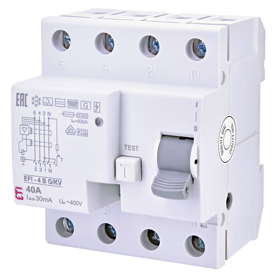 ETI 002062653 - Fehlerstromschutzschalter EFI-4 B G/KV 40/0.03 (Typ B | 400V | 40A | G/KV kurzzeitverzögert | 50/60 Hz)