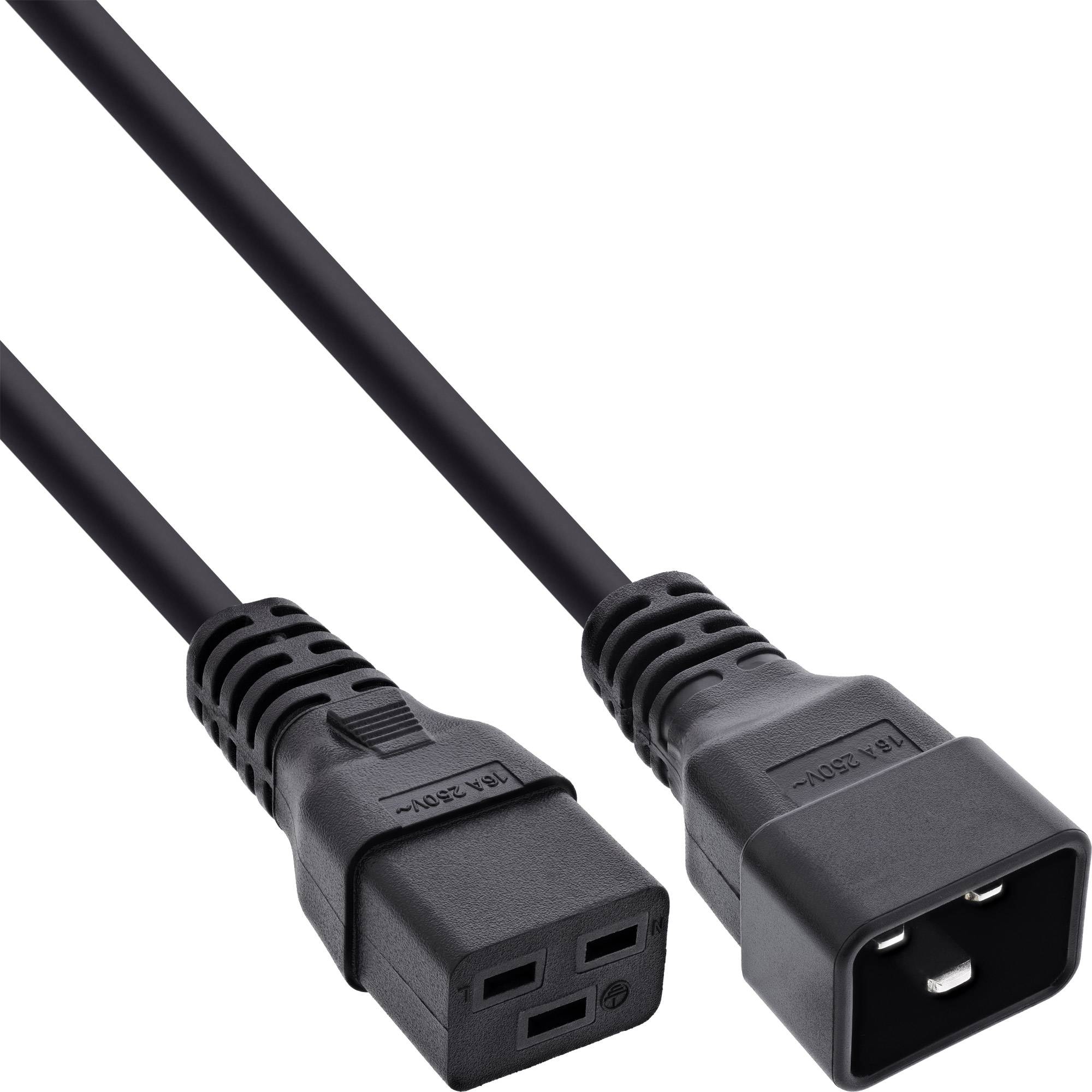 Schwarzes Stromkabel mit IEC-C14-Stecker auf der einen Seite und IEC-C13-Buchse auf der anderen Seite, dargestellt auf weißem Hintergrund.