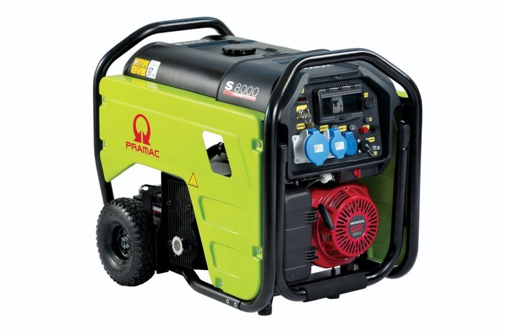 Ein tragbarer Generator mit grünem Gehäuse, ausgestattet mit mehreren Anschlüssen, einem Anzeigefeld und Rädern für hohe Mobilität.