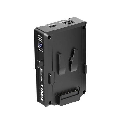 Ein schwarzer, kompakter Batterieadapter mit mehreren Anschlüssen und einem Display-Bildschirm, der zum Aufladen und zur Stromversorgung von elektronischen Geräten verwendet wird.