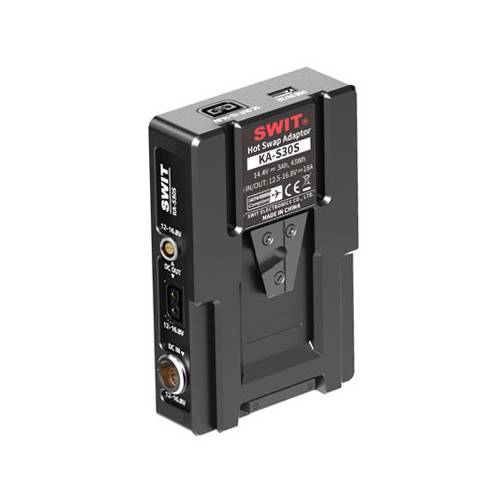 Ein kompakter, schwarzer KA-350S-Schnellwechsel-Adapter mit beschrifteten Anschlüssen für V-Lock-Batterien, entwickelt, um die Stromversorgung während des Batteriewechsels aufrechtzuerhalten.