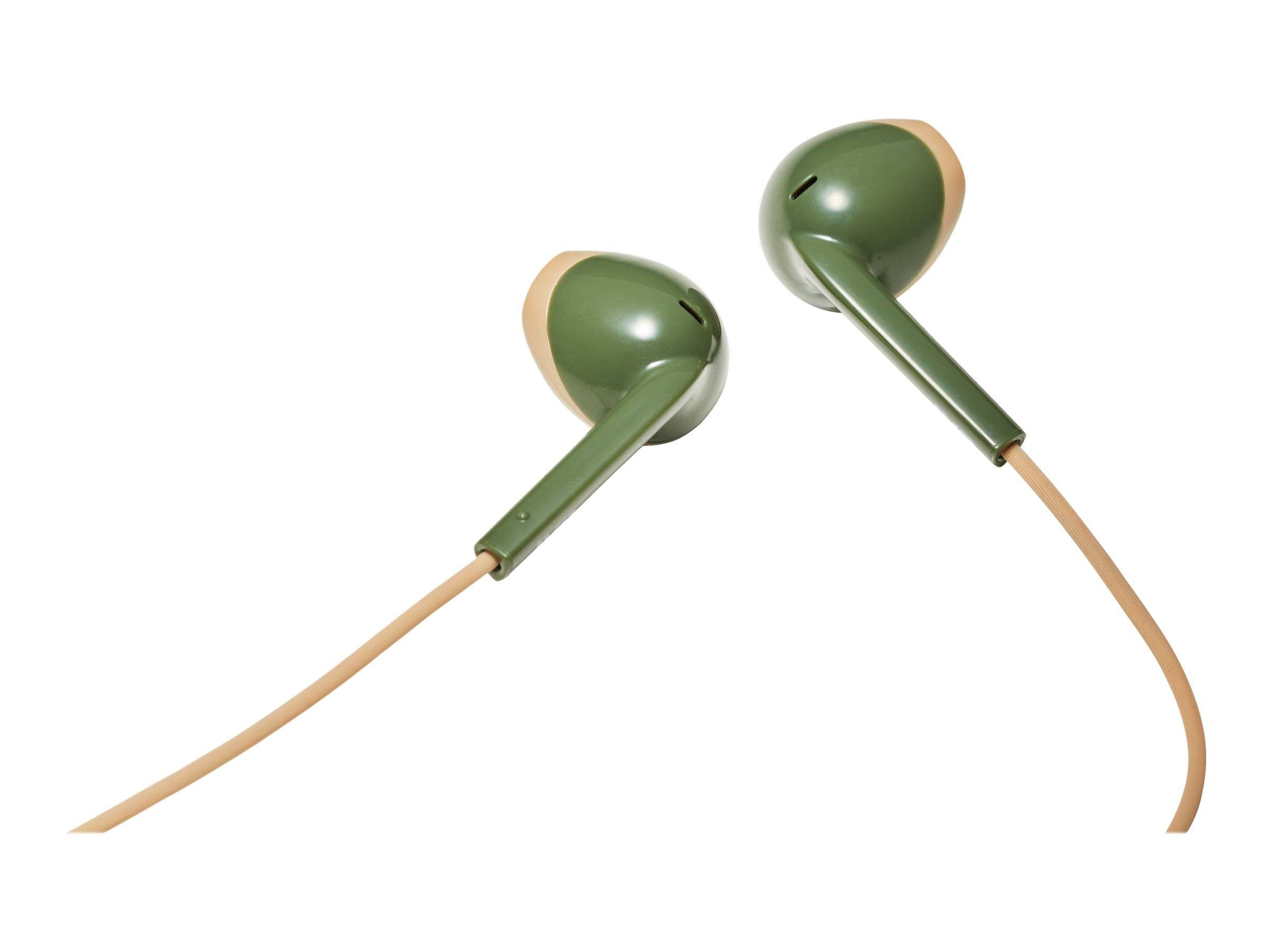 Grüne und beige Kopfhörer mit dünnen Kabeln, von oben betrachtet, die das Design und den Farbkontrast zeigen.