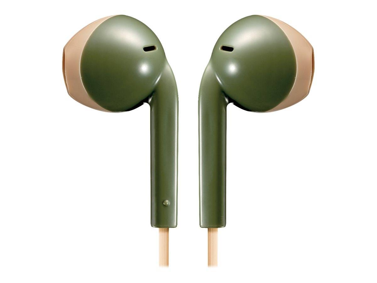 Grüne und beige Kopfhörer mit klassischem Kabeldesign, nebeneinander dargestellt, wobei ihre runde Form und der Farbkontrast hervorgehoben werden.