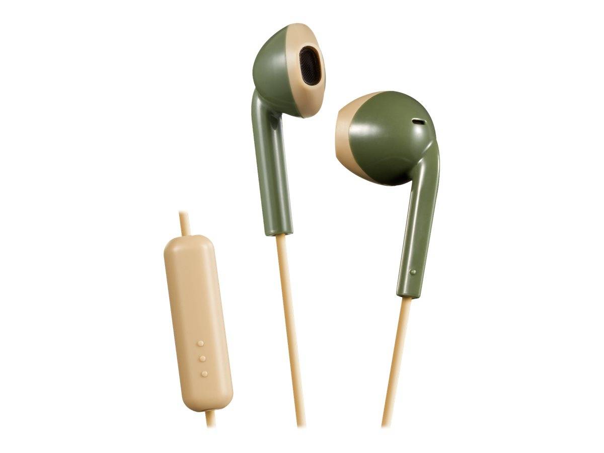 Retroartige grün-beige Ohrhörer mit Mikrofon am Kabel, entwickelt zum Musikhören oder Telefonieren auf kompatiblen Geräten.