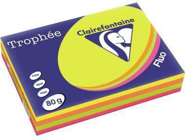 Ein Ries Clairefontaine 'Trophée' Fluo Papier, 80 g, gezeigt auf seiner bunten Einzelhandelverpackung.