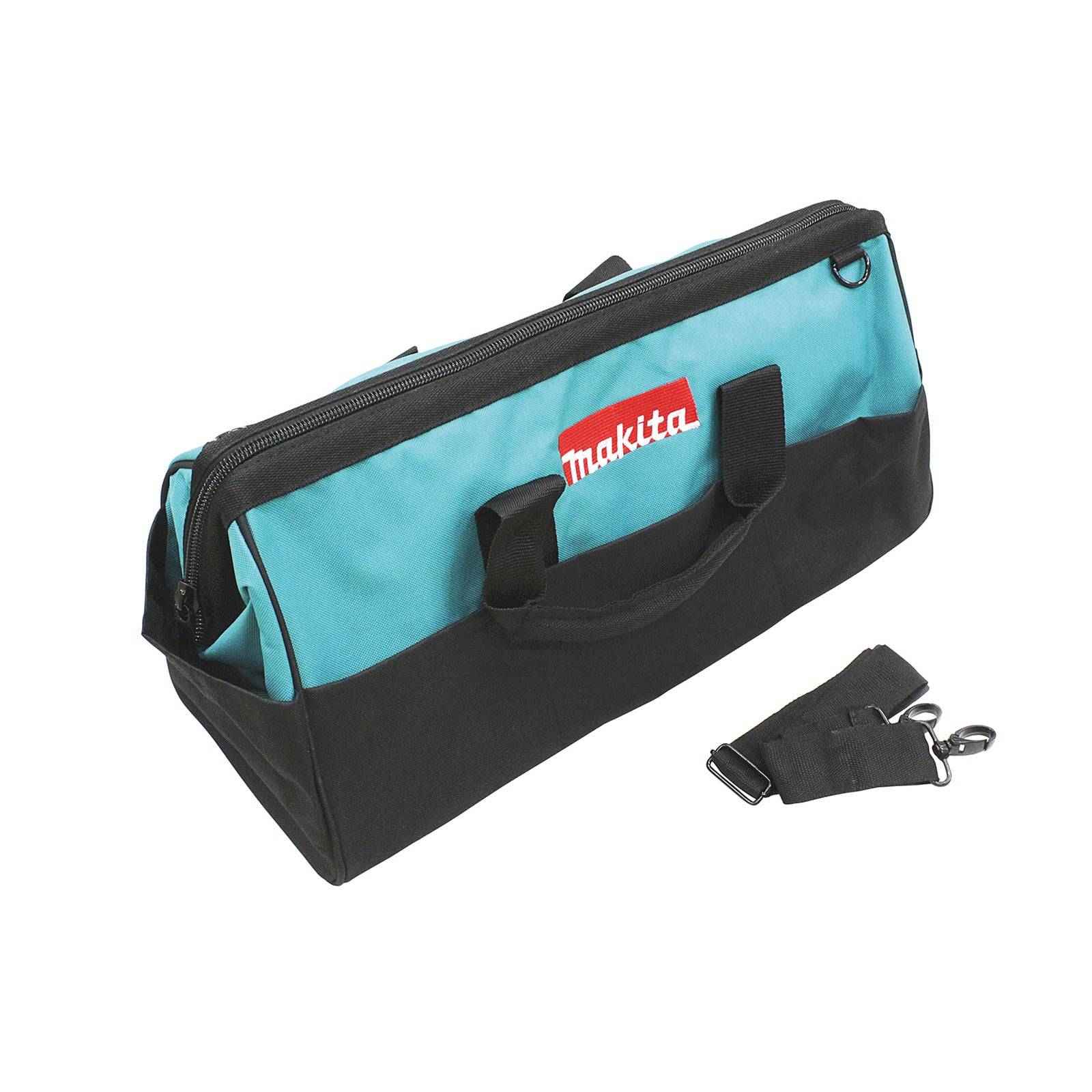 Eine petrolblaue und schwarze Werkzeugtasche mit Reißverschluss und abnehmbarem Gurt, mit einem roten 'Makita' Logo an der Seite.