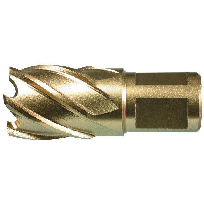 Gold-farbiges Metallschneidwerkzeugbit mit Spiralnuten und zylindrischem Schaft, auf weißem Hintergrund dargestellt.