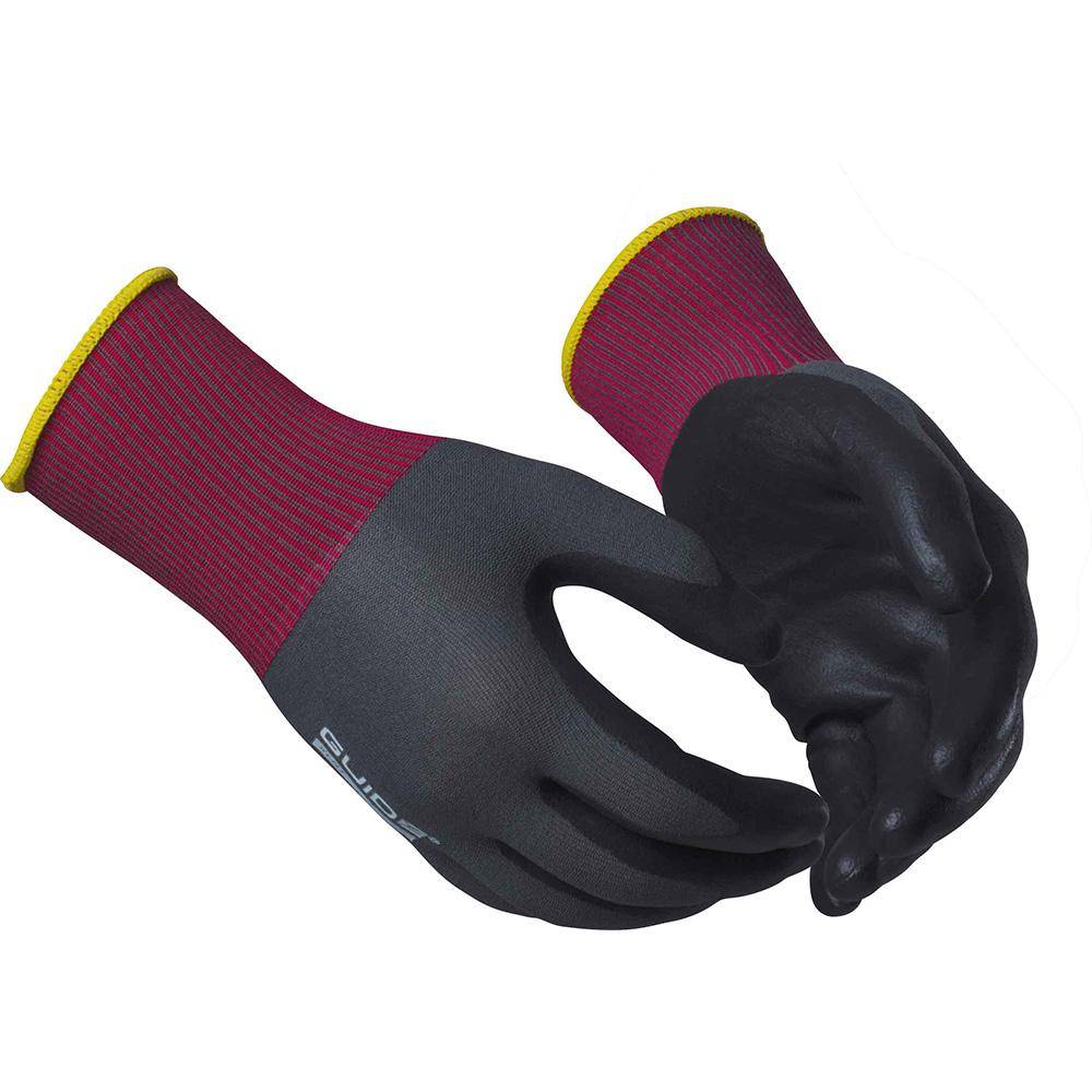 Paar schwarze und rote Schutzarbeitshandschuhe mit langen Strickmanschetten, dargestellt auf weißem Hintergrund.