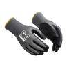 Zwei schwarze Handschuhe mit strukturierten Handflächen, entworfen für Handhabung und Schutz.