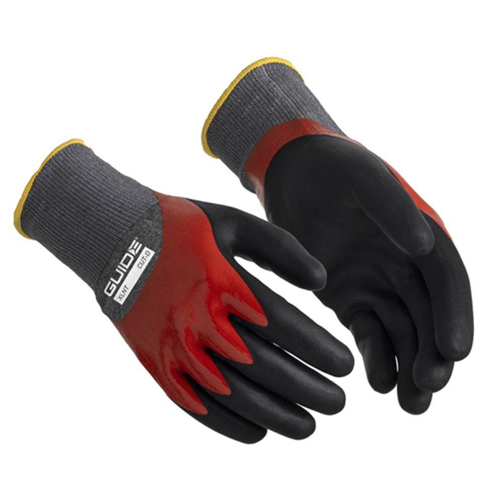 Paar Schutzarbeitshandschuhe, schwarz und rot mit grauen Strickmanschetten und „GUIDE