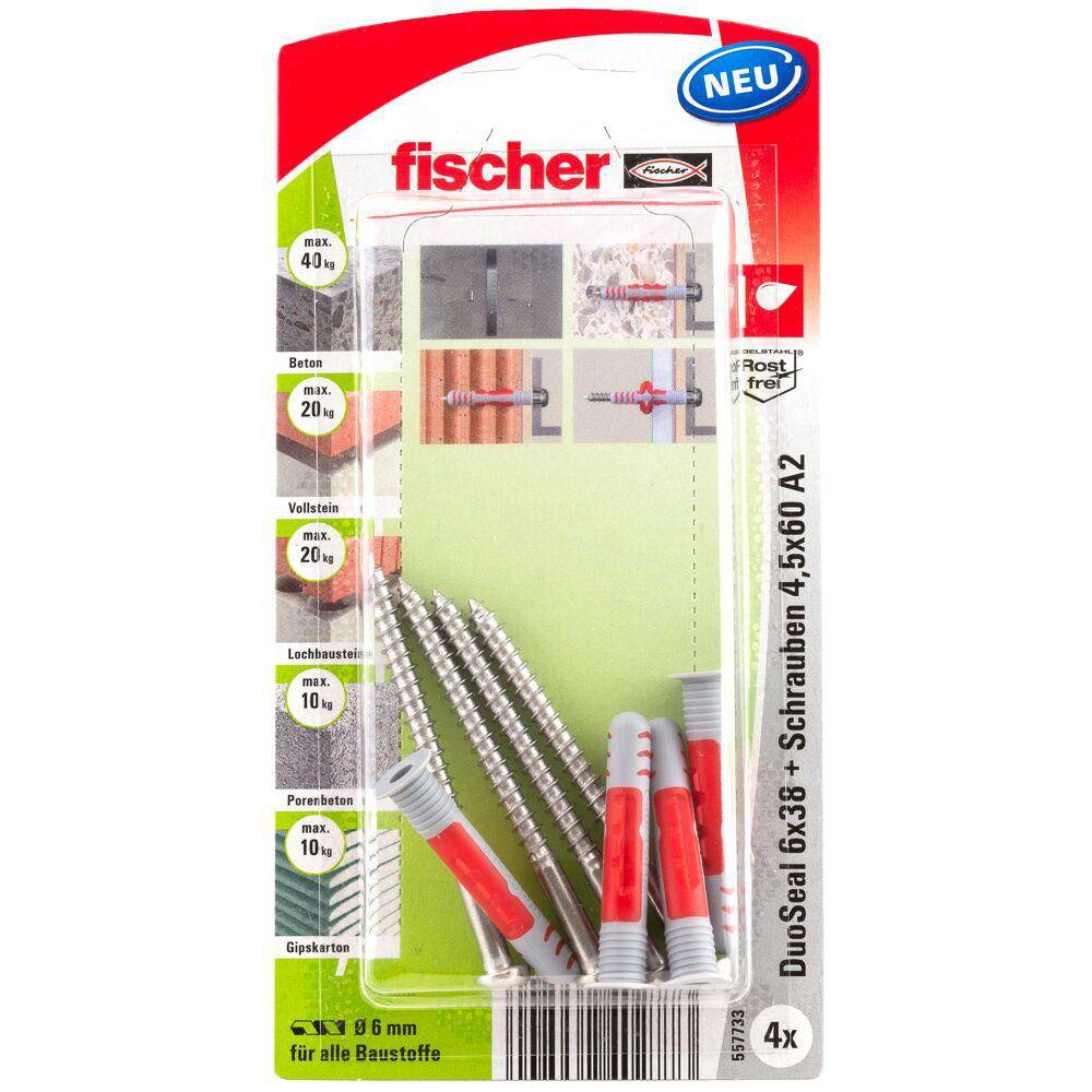 DuoSeal - DuoSeal 6 x 38 S PH TX A2 K - Bohrernendurchmesser 6 mm - Schraubenabmessung 4,5 x 60 mm - Inhalt 4 Dübel + 4 Schrauben - VE 5 Stück - Pre