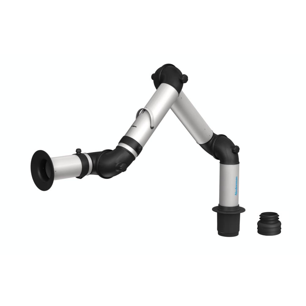 Rauchabsaugarm mit mehreren Gelenken und verstellbarer Positionierung, entwickelt zum Erfassen von Dämpfen oder Staub an Arbeitsplätzen.