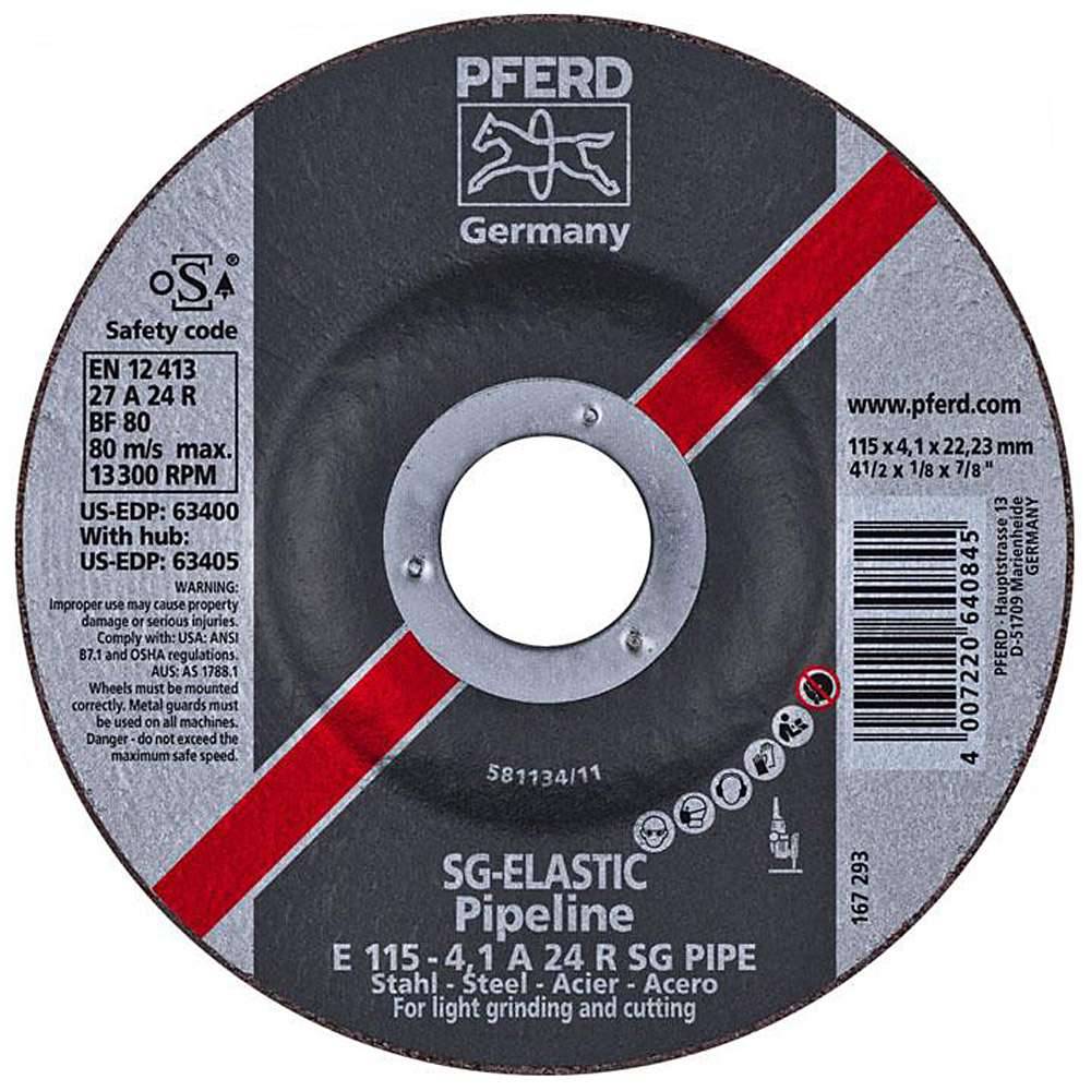 Schruppscheibe - PFERD - für Stahl - Härtegrad R - für den Pipelinebau - Bezeichnung E 115-4,1 A 24 R SG PIPE/22,23 - Maße (D x U x H) 115 x 4,1