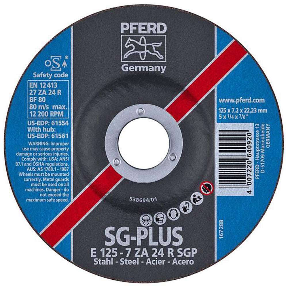 Schruppscheibe - PFERD - Profi-Ausführung - für Stahl - Härtegrad R - Ø 125 mm - Bezeichnung E 125-7 ZA 24 R SGP/22,23 - Maße (D x U x H) 125 x 7