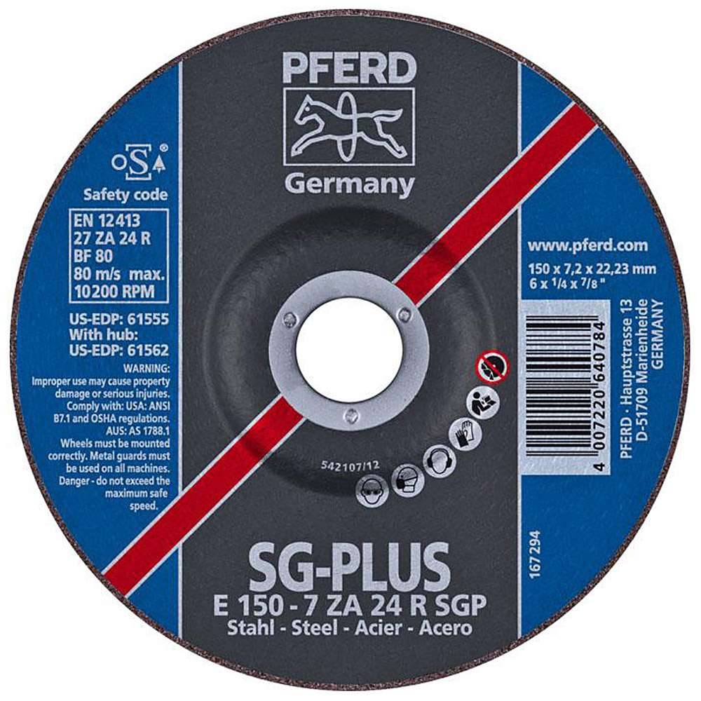 Schruppscheibe - PFERD - Profi-Ausführung - für Stahl - Härtegrad R - Ø 150 mm - Bezeichnung E 150-7 ZA 24 R SGP/22,23 - Maße (D x U x H) 150 x 7