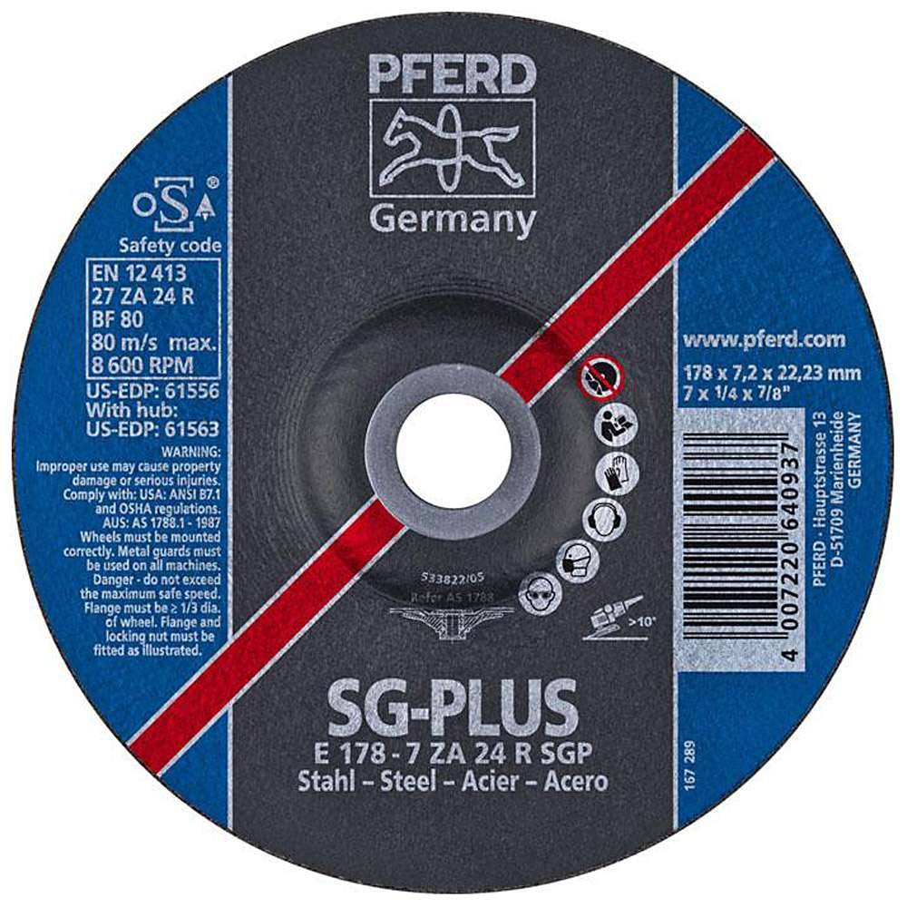 Schruppscheibe - PFERD - Profi-Ausführung - für Stahl - Härtegrad R - Ø 178 mm - Bezeichnung E 178-7 ZA 24 R SGP/22,23 - Maße (D x U x H) 178 x 7