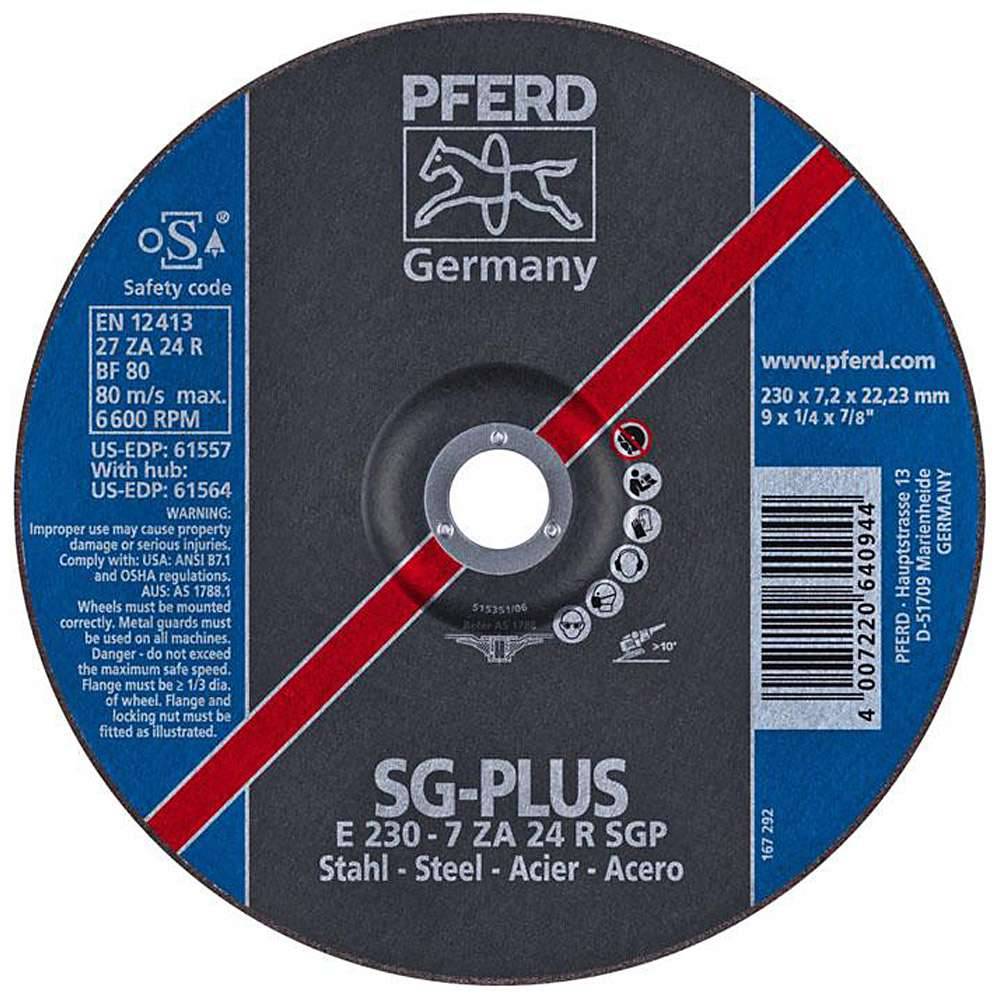 Schruppscheibe - PFERD - Profi-Ausführung - für Stahl - Härtegrad R - Ø 230 mm - Bezeichnung E 230-7 ZA 24 R SGP/22,23 - Maße (D x U x H) 230 x 7