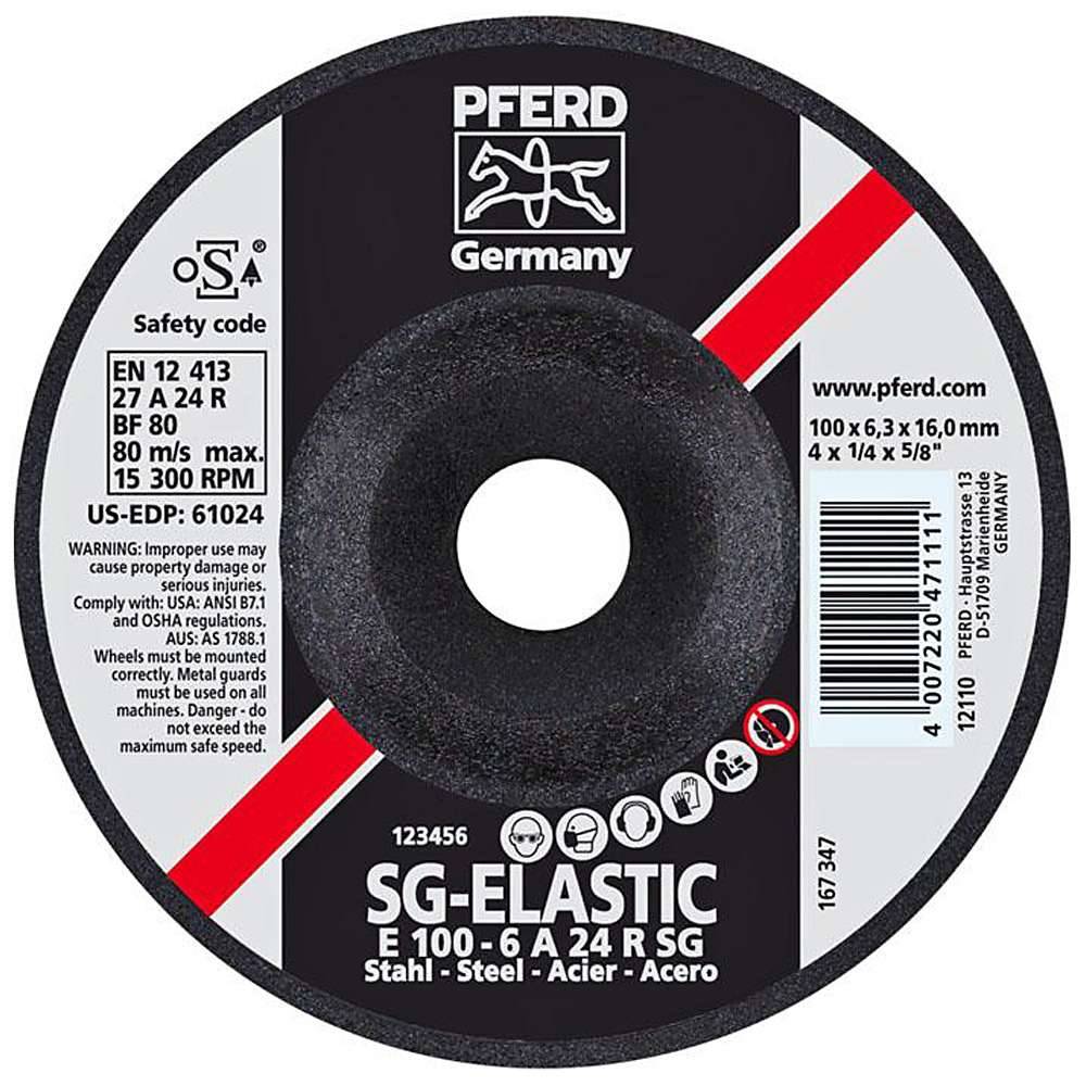 Schruppscheibe - PFERD - für Stahl - Härtegrad R - Durchmesser 100 mm - Bezeichnung E 100-6 A 24 R SG/16,0 - Maße (D x U x H) 100 x 6,3 x 16 mm -