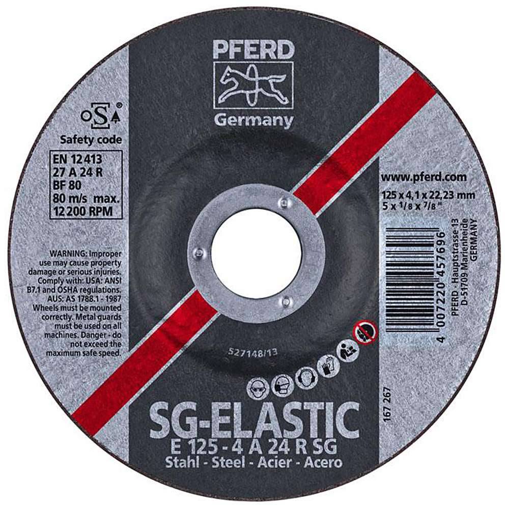 Schruppscheibe - PFERD - für Stahl - Härtegrad R - Durchmesser 125 mm - Bezeichnung E 125-4 A 24 R SG/22,23 - Maße (D x U x H) 125 x 4,1 x 22,23 mm