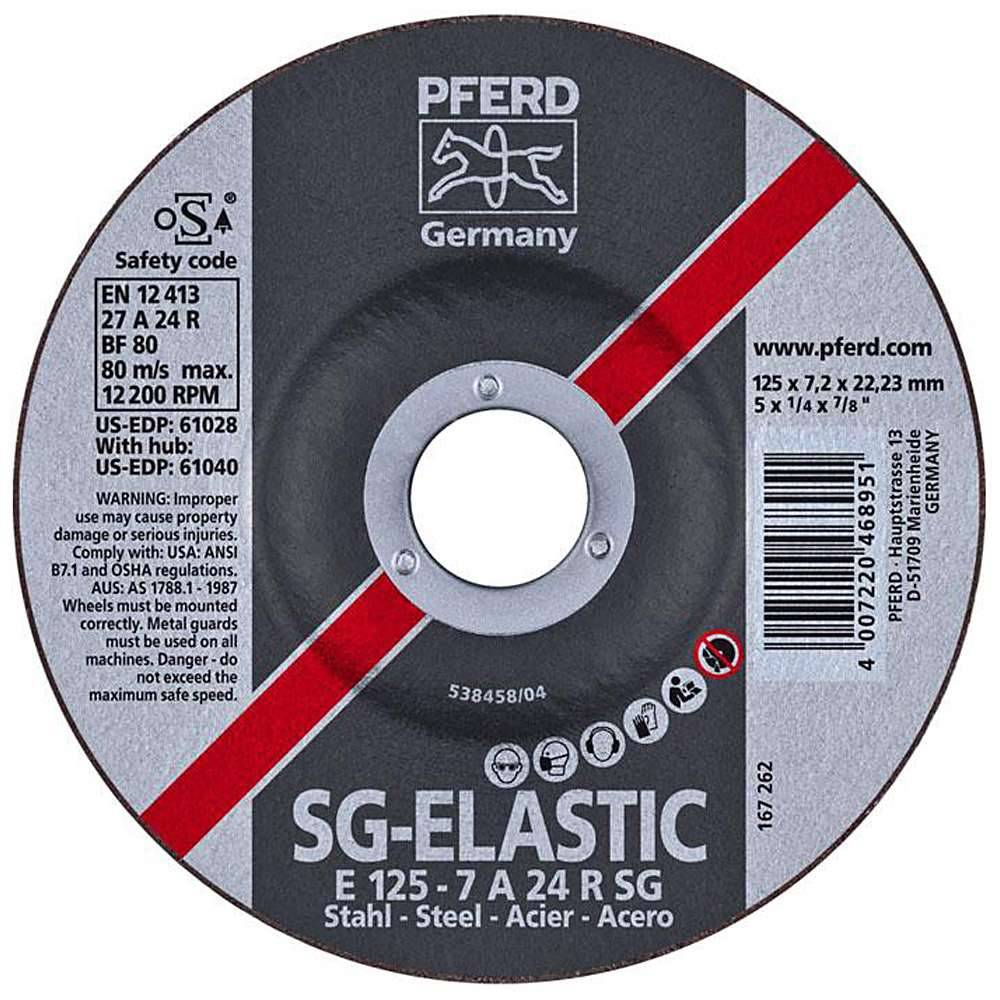 Schruppscheibe - PFERD - für Stahl - Härtegrad R - Durchmesser 125 mm - Bezeichnung E 125-7 A 24 R SG/22,23 - Maße (D x U x H) 125 x 7,2 x 22,23 mm