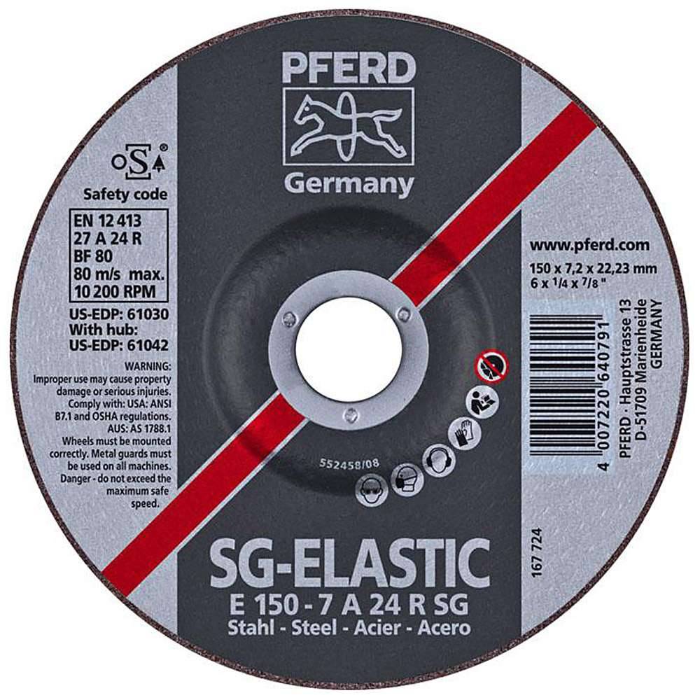 Schruppscheibe - PFERD - für Stahl - Härtegrad R - Durchmesser 150 mm - Bezeichnung E 150-7 A 24 R SG/22,23 - Maße (D x U x H) 150 x 7,2 x 22,23 mm