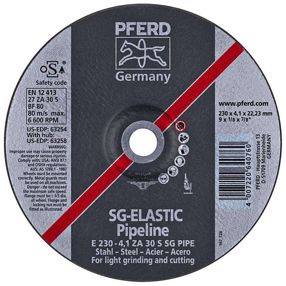 Schruppscheibe - PFERD - für Stahl - Härtegrad S - für den Pipelinebau - Bezeichnung E 230-4,1 ZA 30 S SG PIPE/22,23 - Maße (D x U x H) 230 x 4,1
