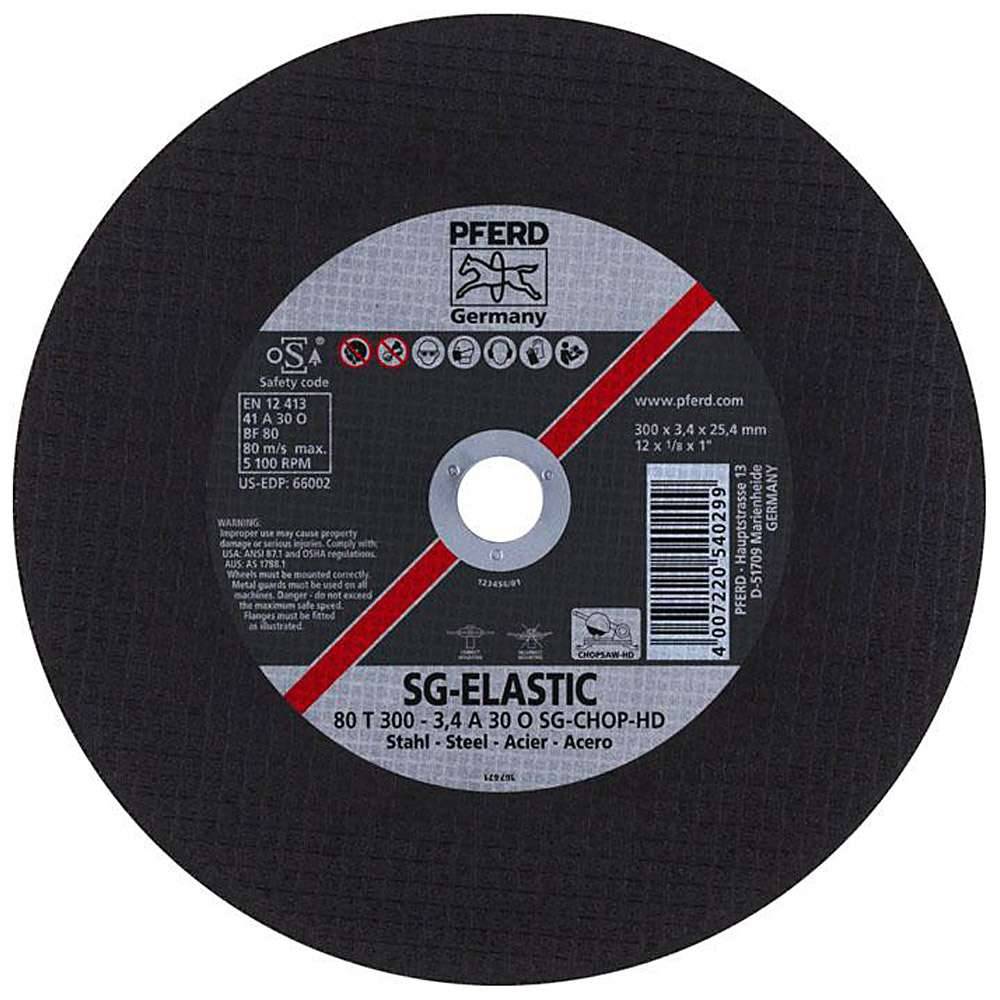 Trennscheibe - PFERD SG-ELASTIC - für Stahl - Bezeichnung 80 T 300-3,4 A 30 O SG-CHOP-HD/25,4 - Maße (D x T x H) 300 x 3,4 x 25,4 mm - max. zul. Dre