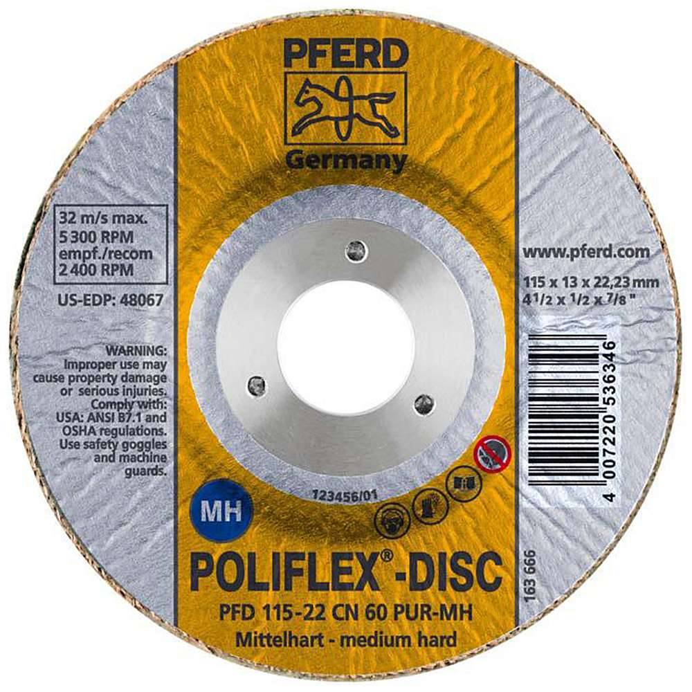 Schleifscheibe - PFERD Poliflex® - mittelharte PUR-Bindung - für INOX, Titan etc. - Bezeichnung 115-22 CN 60 PUR-MH - Korngröße 60 - VE 5 Stück -
