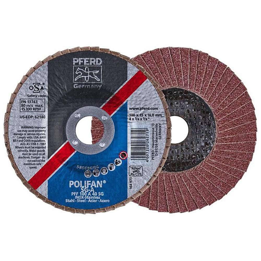 Fächerschleifscheibe - PFERD POLIFAN® - für Stahl/INOX/Kunststoff - flache Profi-Ausführung - Bezeichnung PFF 100 A 40 SG/16,0 - Maße (D x U x H)