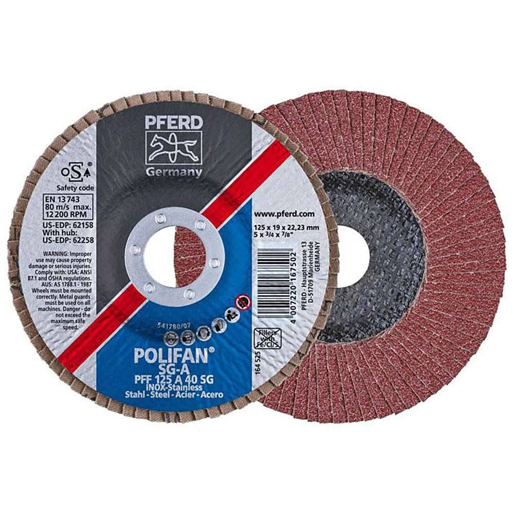 Fächerschleifscheibe - PFERD POLIFAN® - für Stahl/INOX/Kunststoff - flache Profi-Ausführung - Bezeichnung PFF 125 A 40 SG/22,23 - Maße (D x U x H