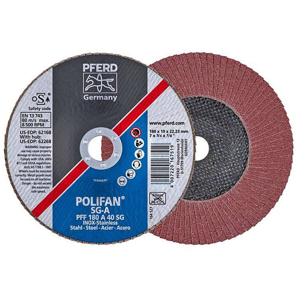 Fächerschleifscheibe - PFERD POLIFAN® - für Stahl/INOX/Kunststoff - flache Profi-Ausführung - Bezeichnung PFF 180 A 40 SG/22,23 - Maße (D x U x H