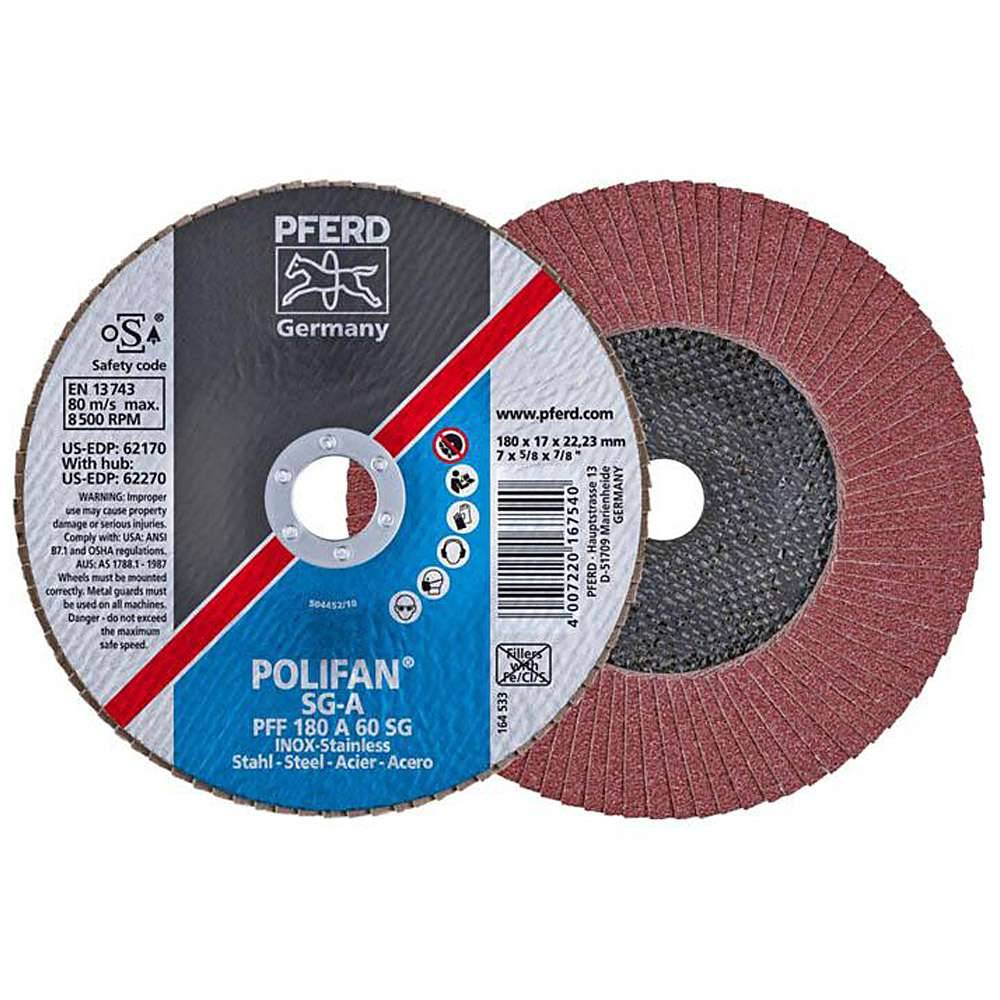 Fächerschleifscheibe - PFERD POLIFAN® - für Stahl/INOX/Kunststoff - flache Profi-Ausführung - Bezeichnung PFF 180 A 60 SG/22,23 - Maße (D x U x H