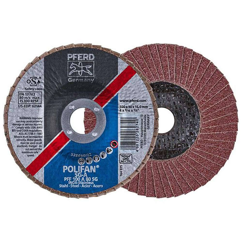 Fächerschleifscheibe - PFERD POLIFAN® - für Stahl/INOX/Kunststoff - flache Profi-Ausführung - Bezeichnung PFF 100 A 80 SG/16,0 - Maße (D x U x H)