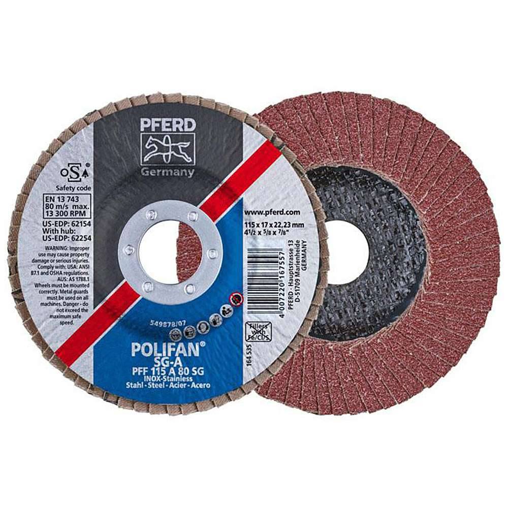 Fächerschleifscheibe - PFERD POLIFAN® - für Stahl/INOX/Kunststoff - flache Profi-Ausführung - Bezeichnung PFF 115 A 80 SG/22,23 - Maße (D x U x H