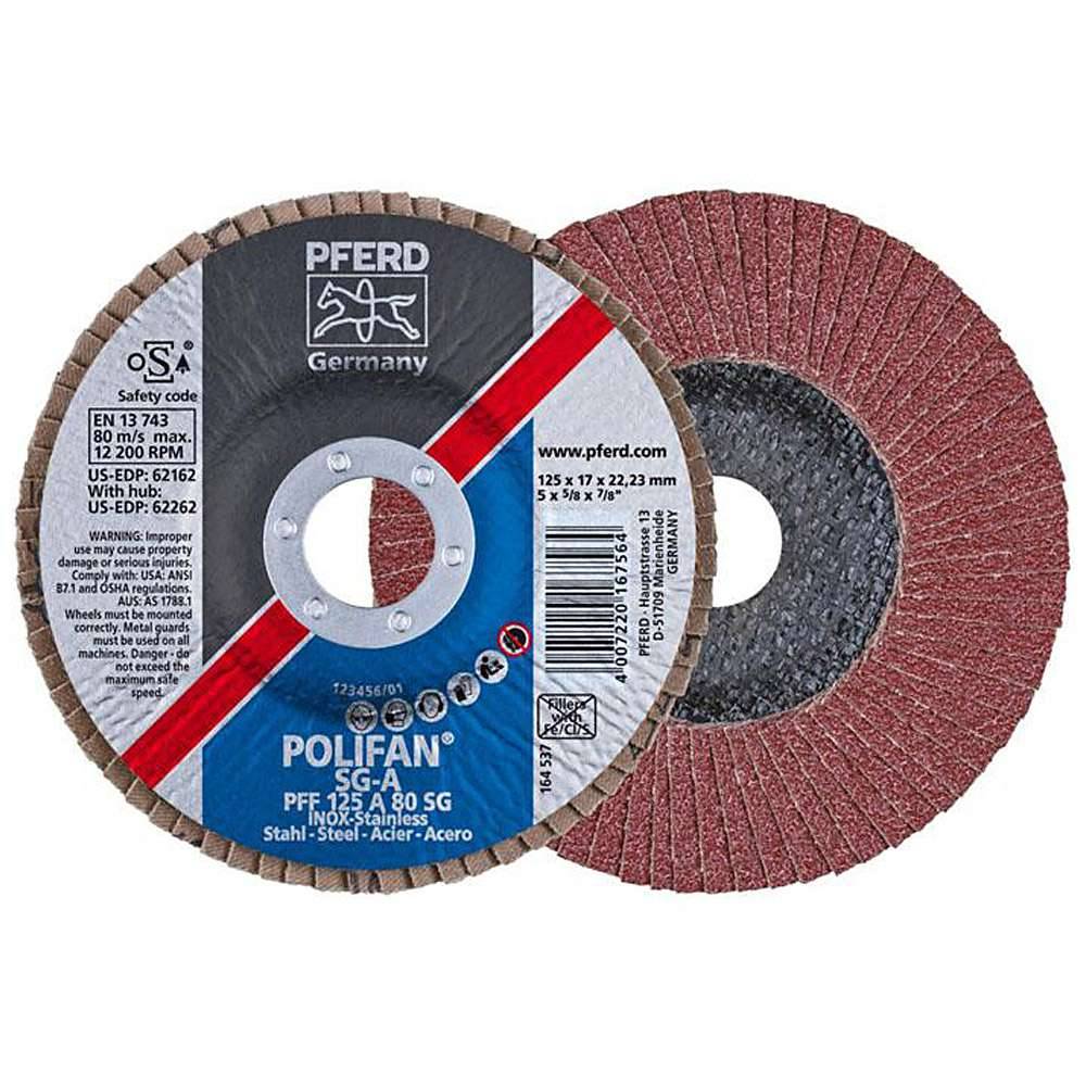 Fächerschleifscheibe - PFERD POLIFAN® - für Stahl/INOX/Kunststoff - flache Profi-Ausführung - Bezeichnung PFF 125 A 80 SG/22,23 - Maße (D x U x H