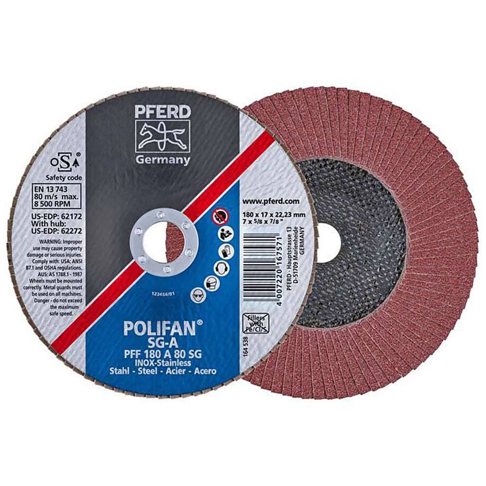 Fächerschleifscheibe - PFERD POLIFAN® - für Stahl/INOX/Kunststoff - flache Profi-Ausführung - Bezeichnung PFF 180 A 80 SG/22,23 - Maße (D x U x H