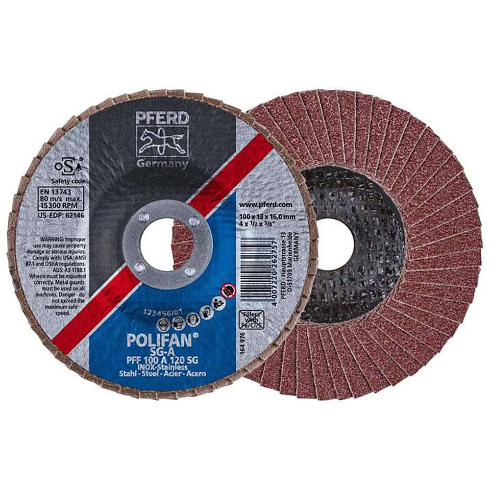 Fächerschleifscheibe - PFERD POLIFAN® - für Stahl/INOX/Kunststoff - flache Profi-Ausführung - Bezeichnung PFF 100 A 120 SG/16,0 - Maße (D x U x H
