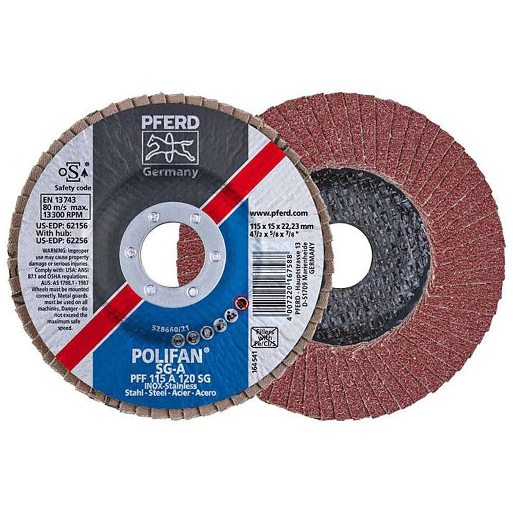 Fächerschleifscheibe - PFERD POLIFAN® - für Stahl/INOX/Kunststoff - flache Profi-Ausführung - Bezeichnung PFF 115 A 120 SG/22,23 - Maße (D x U x