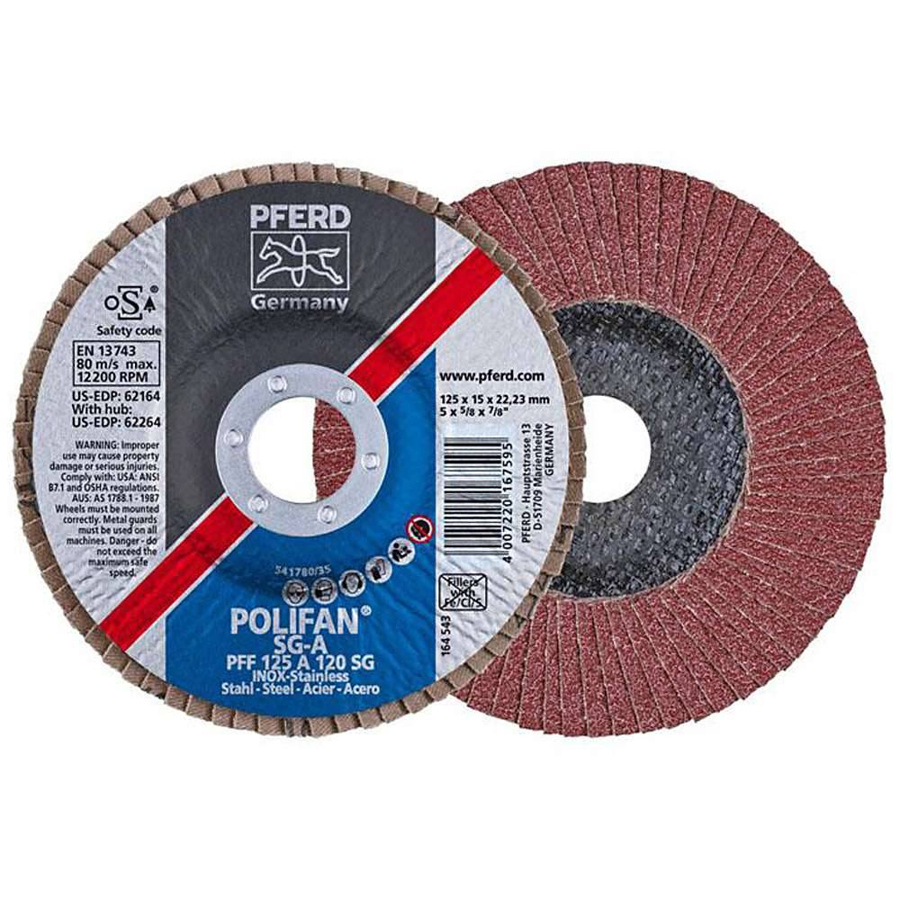 Fächerschleifscheibe - PFERD POLIFAN® - für Stahl/INOX/Kunststoff - flache Profi-Ausführung - Bezeichnung PFF 125 A 120 SG/22,23 - Maße (D x U x