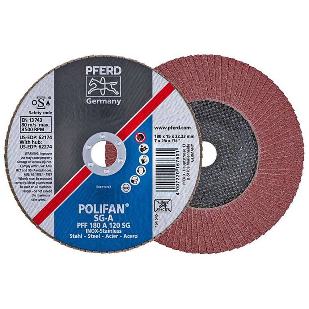 Fächerschleifscheibe - PFERD POLIFAN® - für Stahl/INOX/Kunststoff - flache Profi-Ausführung - Bezeichnung PFF 180 A 120 SG/22,23 - Maße (D x U x