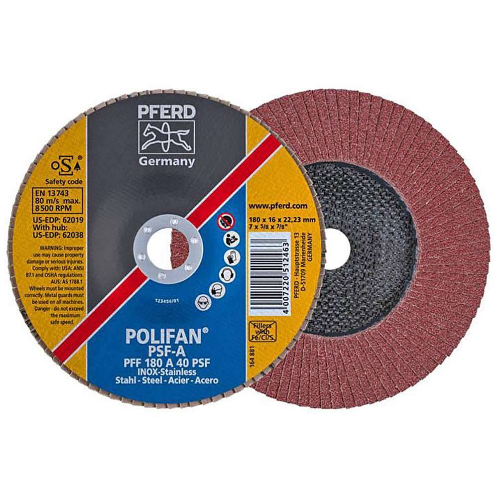 Fächerschleifscheibe - PFERD POLIFAN® - für Stahl/INOX/Kunststoff - flache Ausführung - Bezeichnung PFF 180 A 40 PSF/22,23 - Maße (D x T x H) 180