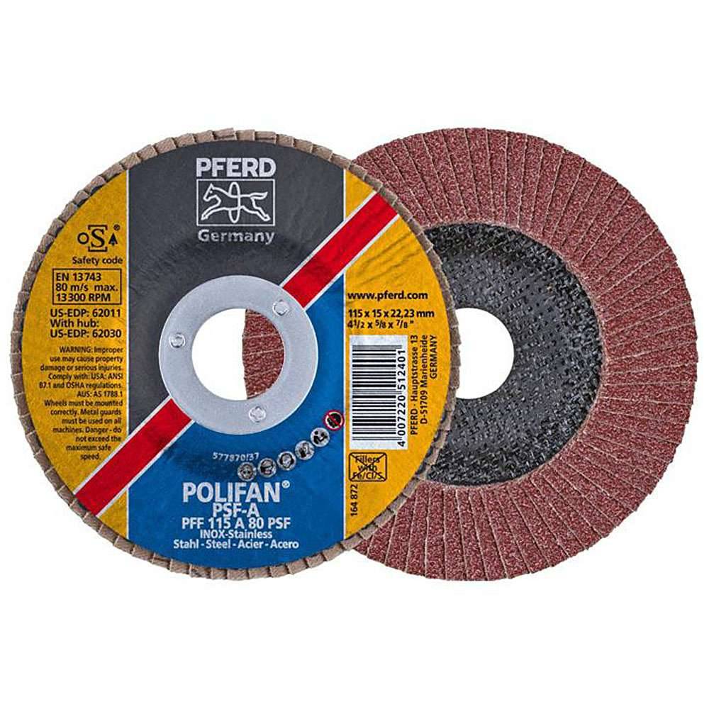 Fächerschleifscheibe - PFERD POLIFAN® - für Stahl/INOX/Kunststoff - flache Ausführung - Bezeichnung PFF 115 A 80 PSF/22,23 - Maße (D x T x H) 115