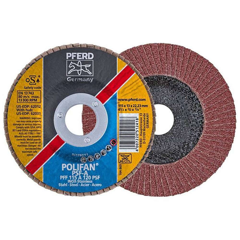 Fächerschleifscheibe - PFERD POLIFAN® - für Stahl/INOX/Kunststoff - flache Ausführung - Bezeichnung PFF 115 A 120 PSF/22,23 - Maße (D x T x H) 11