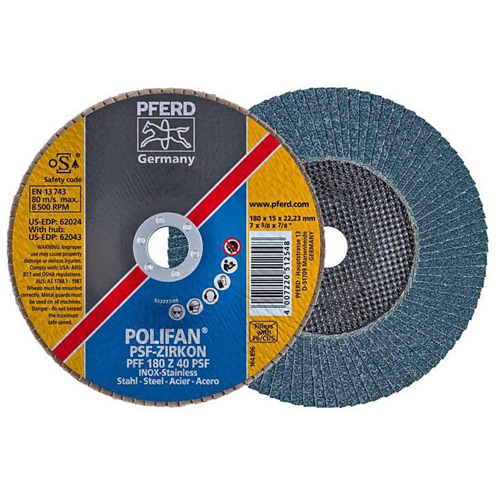 Fächerschleifscheibe - PFERD POLIFAN® - für Stahl/INOX - flache Ausführung - Bezeichnung PFF 180 Z 40 PSF/22,23 - Maße (D x U x H) 180 x 15 x 22,
