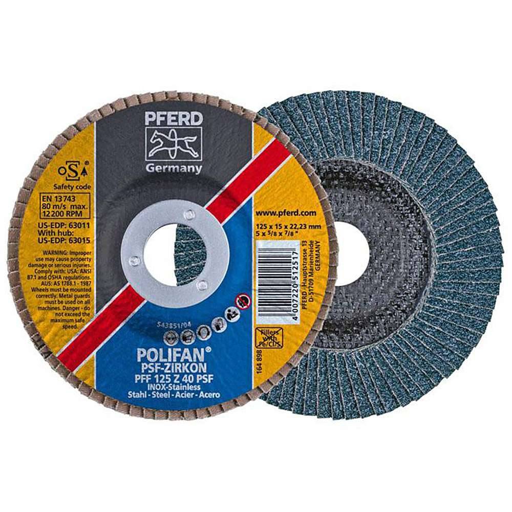 Fächerschleifscheibe - PFERD POLIFAN® - für Stahl/INOX - flache Ausführung - Bezeichnung PFF 125 Z 40 PSF/22,23 - Maße (D x U x H) 125 x 15 x 22,