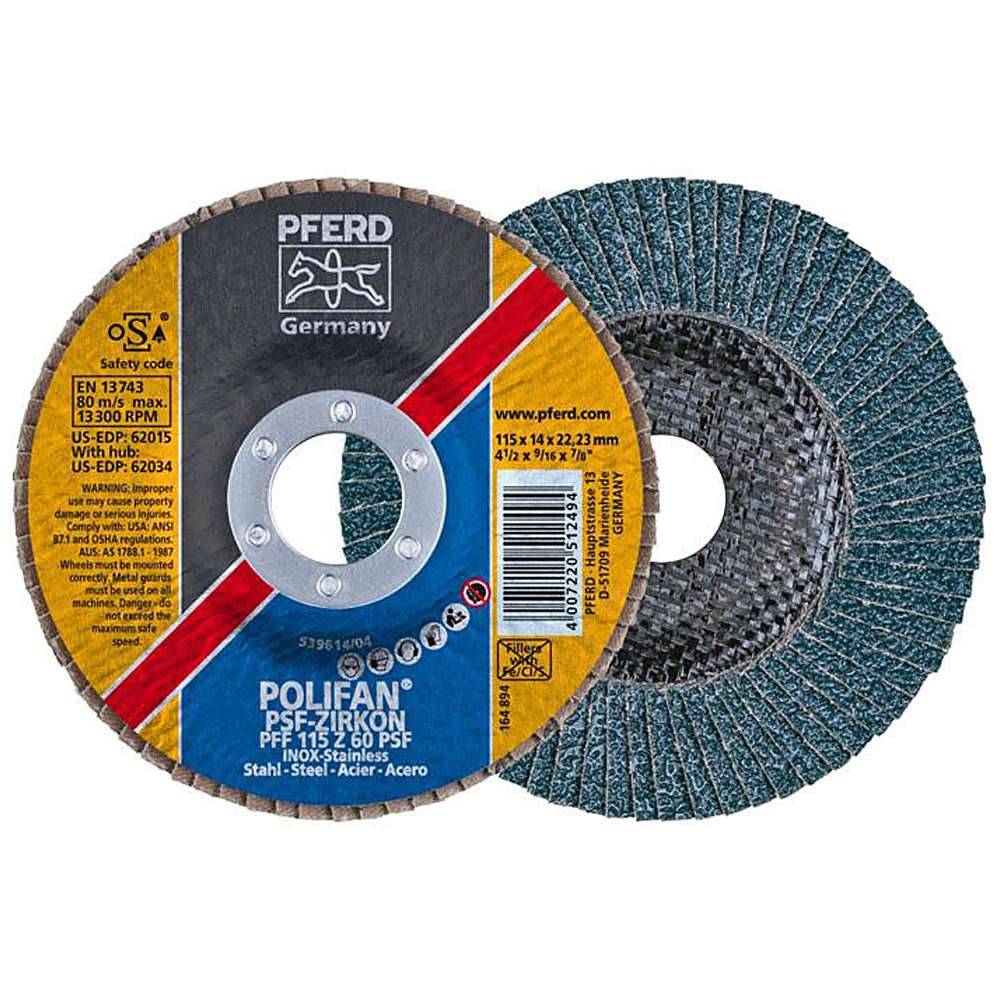 Fächerschleifscheibe - PFERD POLIFAN® - für Stahl/INOX - flache Ausführung - Bezeichnung PFF 115 Z 60 PSF/22,23 - Maße (D x U x H) 115 x 14 x 22,