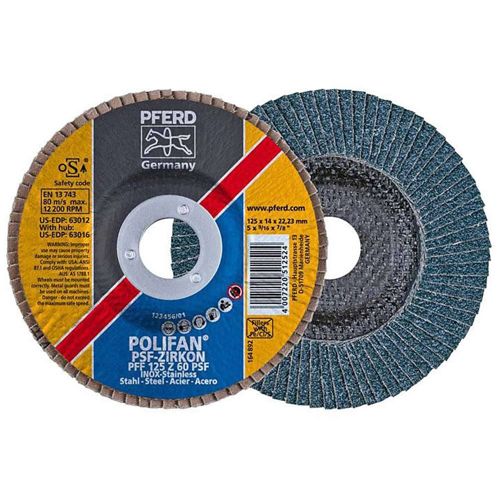Fächerschleifscheibe - PFERD POLIFAN® - für Stahl/INOX - flache Ausführung - Bezeichnung PFF 125 Z 60 PSF/22,23 - Maße (D x U x H) 125 x 14 x 22,