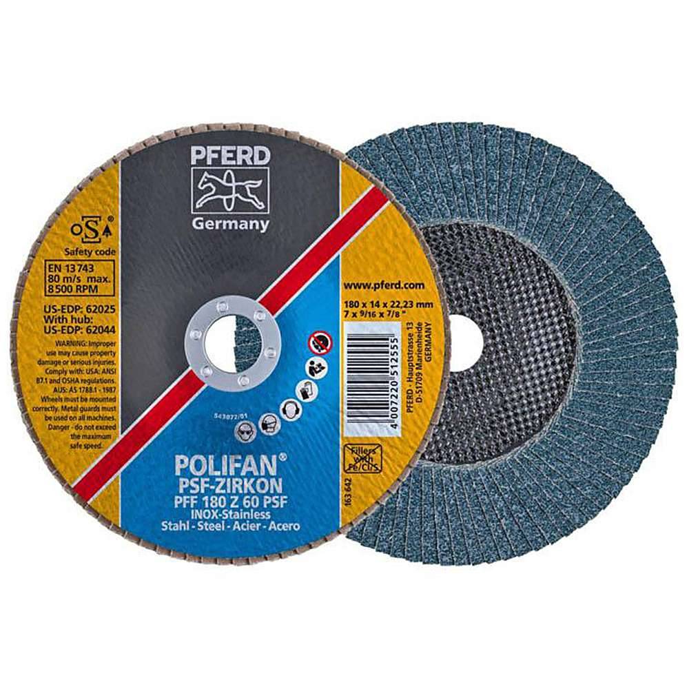 Fächerschleifscheibe - PFERD POLIFAN® - für Stahl/INOX - flache Ausführung - Bezeichnung PFF 180 Z 60 PSF/22,23 - Maße (D x U x H) 180 x 15 x 22,