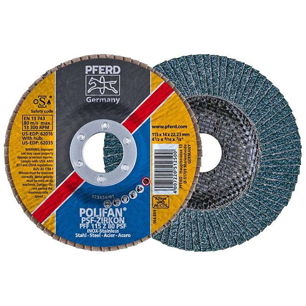 Fächerschleifscheibe - PFERD POLIFAN® - für Stahl/INOX - flache Ausführung - Bezeichnung PFF 115 Z 80 PSF/22,23 - Maße (D x U x H) 115 x 14 x 22,